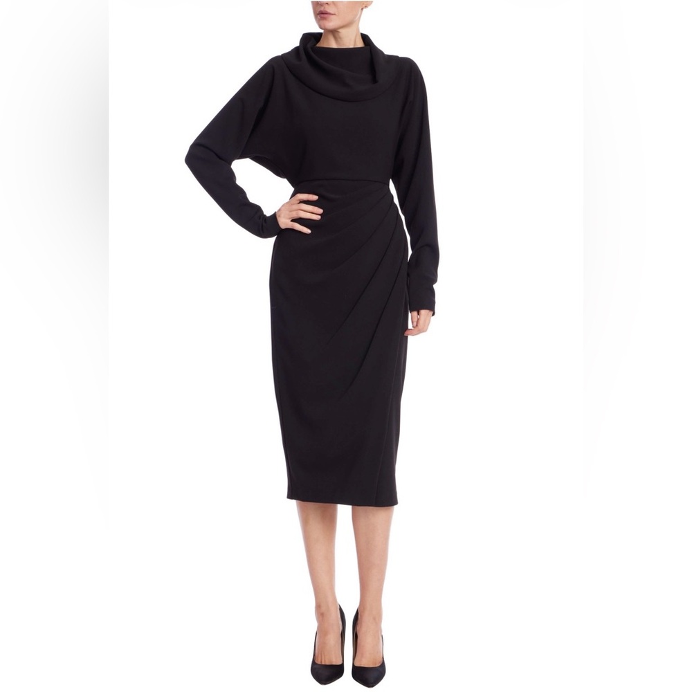 Badgley Mischka Black Draped Cowl Neck Midi Dress Size 4 Elegant Cocktail
